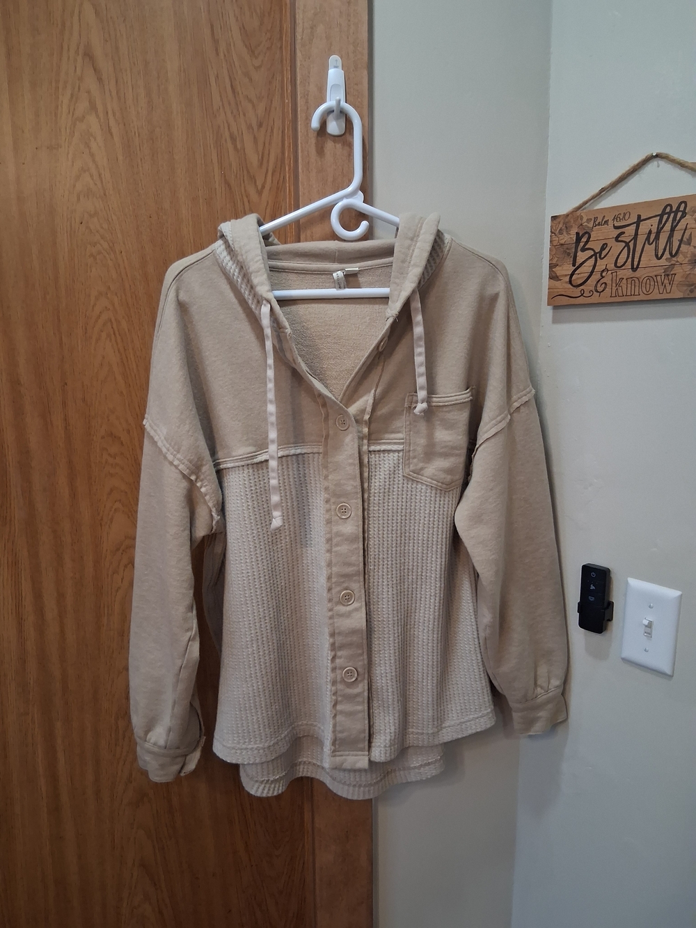 Beige Hooded Button-Up Waffle Knit Jacket